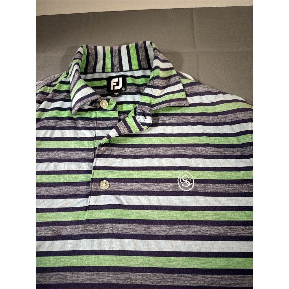 FootJoy Golf Polo Shirt Mens Medium M Green Black Stripes Casual Lightweight EUC
